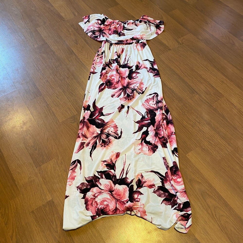 Off the Shoulder or Strapless Maxi Dress with Gorgeous Floral Design